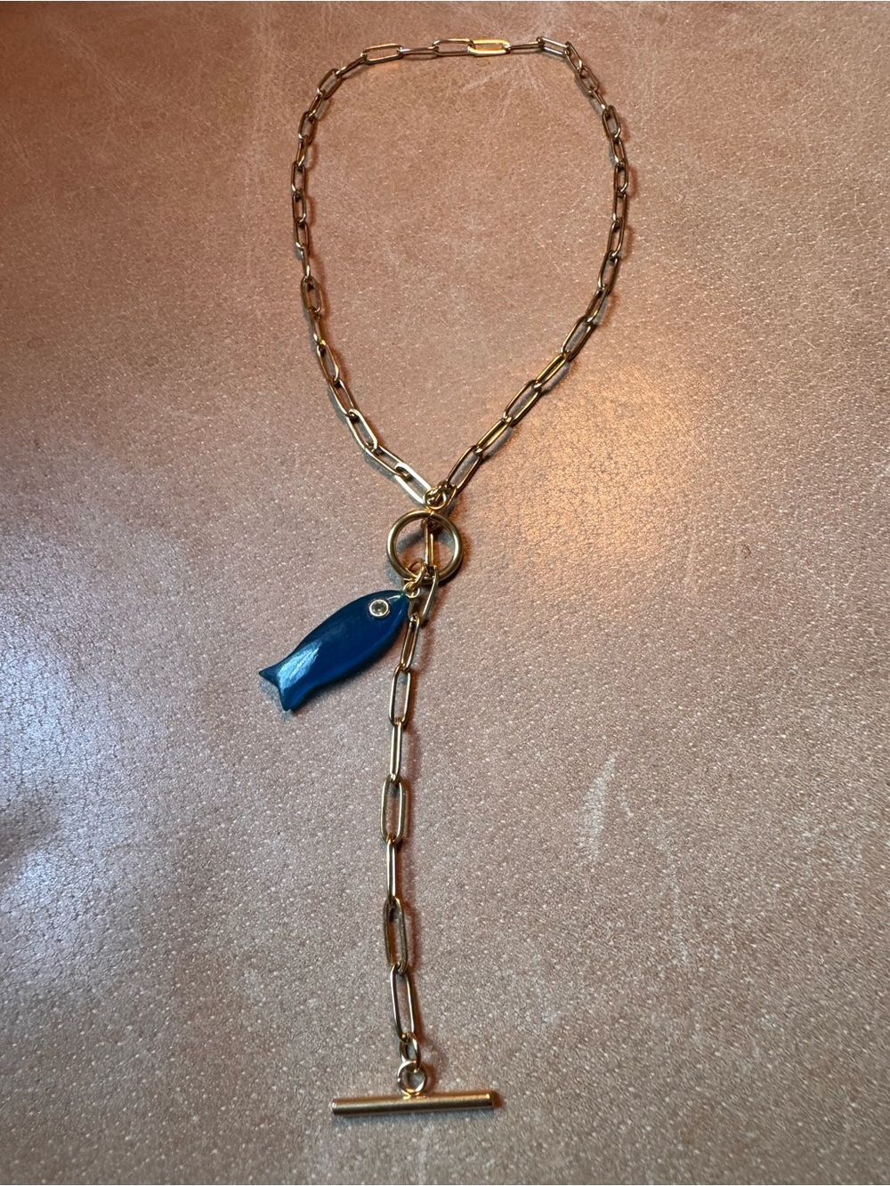 Fish Blue semi precious stone charm CZ eye gold Link Chain Necklace toggle clasp